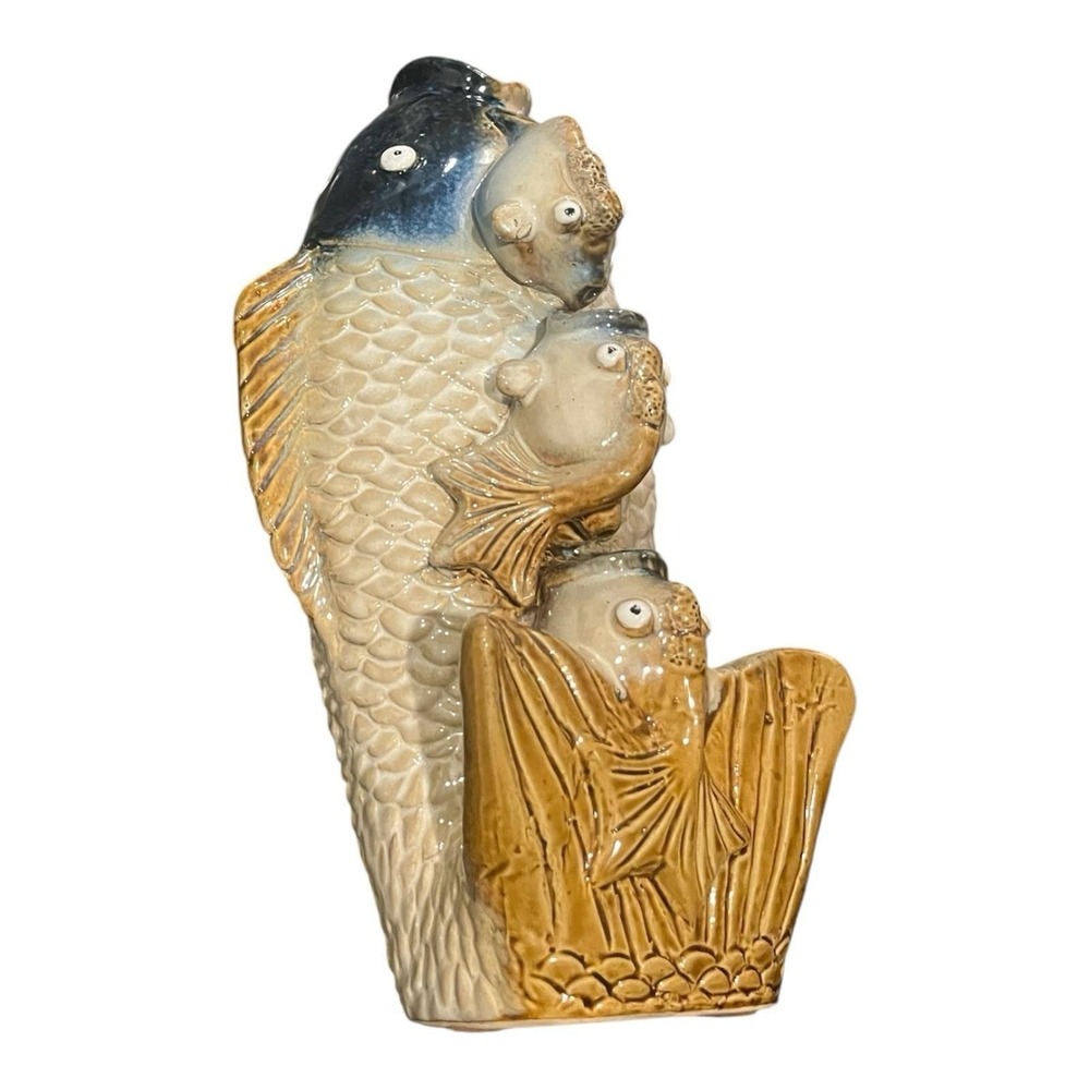 Vintage Asian Style Ceramic Tiered Fish Tabletop Decor 11"